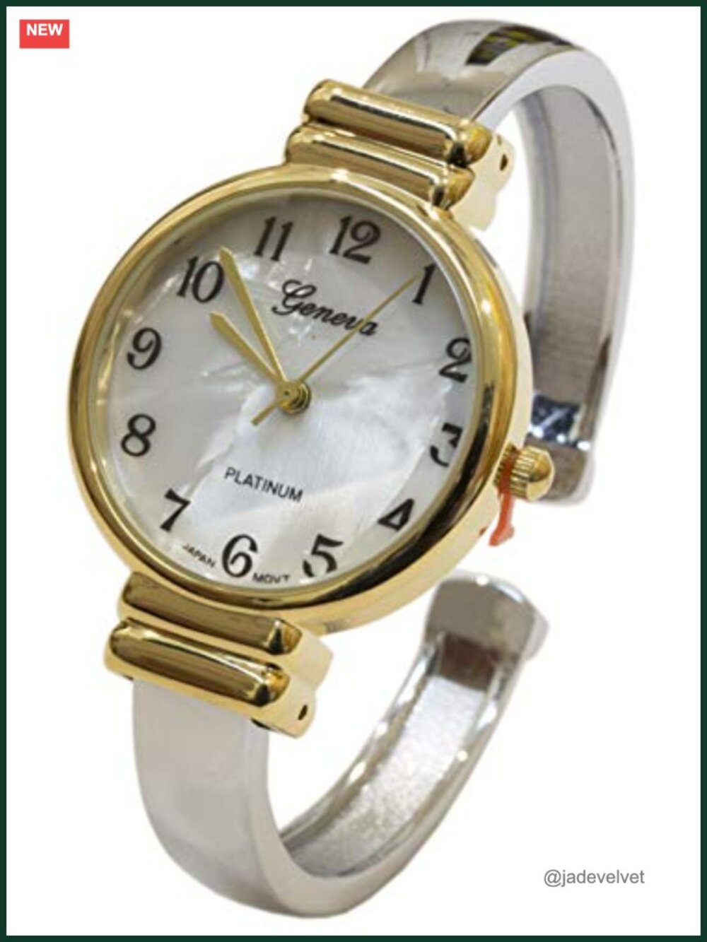 Mother of Pearl Metal Cuff Watch Two Tone Analog Quartz Wristwatch